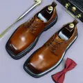 Men's brown burnished leather dress shoes with square toe and thick rubber sole - EU 37 / Brown