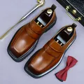 Men's dark brown leather business loafers with thick soles and square toes - EU 37 / Brown