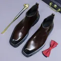 Dark brown leather Chelsea boots for men with square toe and elastic side panels - EU 37 / Coffee