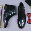 Men's black woven leather Chelsea boots with side zippers and British vintage style - EU 37 / Black