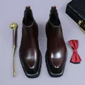 Dark brown glossy leather Chelsea boots for men with pull tab in premium gift box - EU 37 / Coffee