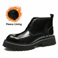 Glossy black leather platform boots for men with warm fleece lining and side zippers - 38 / Fleece Lined Style / Black