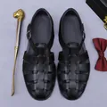 Classic black leather woven Roman sandals for men featuring adjustable side buckle and round toe - EU 37 / Black
