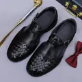 Men's vintage black woven leather sandals with buckle closure and breathable cut-outs - EU 37 / Black