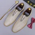 Beige genuine leather business oxfords with laser-engraved cursive script and laces - EU 37 / Off White