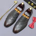 Men's dark brown leather loafers with burnished finish and elegant crossover vamp design - EU 37 / Gray