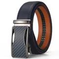 Blue leather belt for men with gunmetal automatic buckle and carbon fiber inlay - 110cm / Blue Carbon Fiber Texture