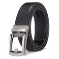 Detail of men's black leather belt featuring a brushed gunmetal automatic buckle - 110cm / Pale Gunmetal