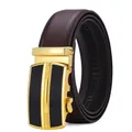 Men's formal leather belt with golden automatic ratchet buckle on white background - 120cm / Gold Buckle Brown