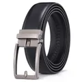 Detail of black genuine leather men's belt with gunmetal automatic buckle and teeth track - Pattern 95 Black