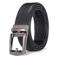 Close-up of black lychee grain leather belt with gunmetal automatic buckle detail - 110cm / Dark Gun Metal
