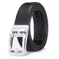 Close-up of silver metal automatic buckle with textured black leather belt strap - 110cm / Bright Silver