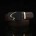 Detail eines Herren-Ledergürtels mit schwarz-goldener Automatikschließe auf schwarzem Grund - 115 / Braun