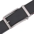 Close-up of men's leather belt with brushed metal automatic buckle and textured strap - Twill Flat Edge Black