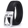 Men's premium black leather belt with a polished silver automatic metal buckle on white background - R067 Silver Black / 110cm