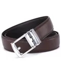 Close-up of brown leather belt with lychee texture and silver automatic metal buckle - Silver Buckle Brown