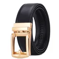 Detailed macro view of the black leather belt texture and the golden metal automatic buckle - R067 Gold Black / 110cm