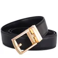 Macro detail of men's black leather belt with lychee texture and golden automatic buckle - Gold Buckle Black