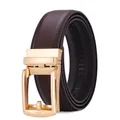 Detail of men's leather belt featuring a brown litchi texture and golden automatic buckle - R067 Gold Brown / 110cm