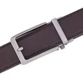 Detail of men's leather belt featuring a dark brown chevron texture and matte buckle - Twill Brown