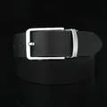 Men's black genuine leather belt with silver pin buckle and perforated texture detail - Standard Size / Black