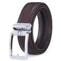 Detail of men's brown leather belt showing automatic silver buckle and side stitching - Silver Buckle Brown