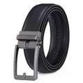 Close-up of men's leather belt featuring a gunmetal automatic buckle and ratchet track - Gunmetal Buckle Black