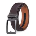 Detail view of men's leather belt with dark brown twill texture and automatic buckle - Gunmetal 216 Brown