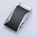 Men's automatic alloy belt buckle with silver finish and black geometric triangle plate - Silver Geometric Patchwork Style (MJ-ZDK-034)