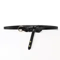 Minimalist black leather skinny belt for women with round gold buckle and rivet details - 95-110cm / Black