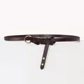 Slim dark coffee leather belt for women with golden ring buckle and knot design on white stand - 95-110cm / Brown