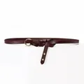 Slim burgundy leather waist belt for women with elegant golden round buckle and knot detail - 95-110cm / Brown