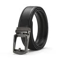 Classic black leather men's belt with polished grey metal automatic buckle and textured strap - 120 / Dark Gunmetal