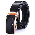 Men's black leather ratchet belt with rose gold buckle and lychee texture finish - Black Strap with Rose Gold Black Buckle / 120cm