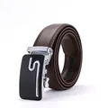Cinturón de hombre en cuero marrón oscuro con textura litchi y hebilla automática S plata - 120cm / Hebilla Plateada Cinturón Marrón