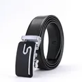 Cinturón de hombre en cuero negro con hebilla automática y logotipo plateado en forma de S - 120cm / Hebilla Plateada Cinturón Negro
