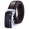 Dark brown leather belt for men with textured finish and alloy automatic buckle design - Brown Strap with Silver Brown Buckle / 120cm