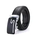 Heren lederen riem met zwarte automatische gesp en zilveren gebogen lijnaccenten - 120cm / Zilveren Gesp Zwarte Riem