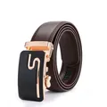 Bruine herenriem van leer met litchi-patroon en goudkleurige automatische S-gesp luxe - 110cm / Gouden Gesp Bruine Riem