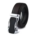 Detail of dark brown leather belt with silver automatic buckle and textured inlay - 212 Style / 110 / Brown