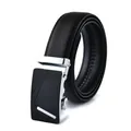 Detail of black leather belt showing automatic silver-black buckle and precise stitching - 110 / Style 209 Silver Buckle Black