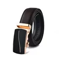 Detail of men's leather belt with golden automatic buckle and brown litchi texture - 110cm / 210 Gold Buckle Brown