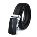 Detail view of men's black leather belt with automatic silver and black metal buckle - 110cm / 210 Silver Buckle Black