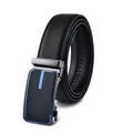 Men's black leather belt with automatic buckle featuring blue geometric lines on gunmetal - 110cm / 203 Blue Buckle Black