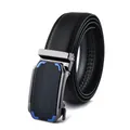 Men's black leather belt with automatic metal buckle and blue decorative stripes - Black