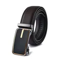 Men's dark brown leather belt with black automatic buckle and gold stripe detail - 110cm / 203 Gold Buckle Brown