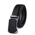 Men's black leather belt with a dark grey automatic buckle and gold corner accents - 110cm / Gold Automatic Buckle Style (201金扣) / Black