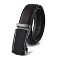 Detail of dark brown lychee pattern leather belt with gunmetal automatic buckle - 110cm / Style 195 Brown