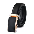 Detail of black leather business belt showing gold automatic buckle and fine texture - 110 / Style 205 Gold Buckle Black