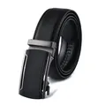 Macro shot of men's leather belt with black lychee texture and matte metal automatic buckle - 110cm / Style 195 Black
